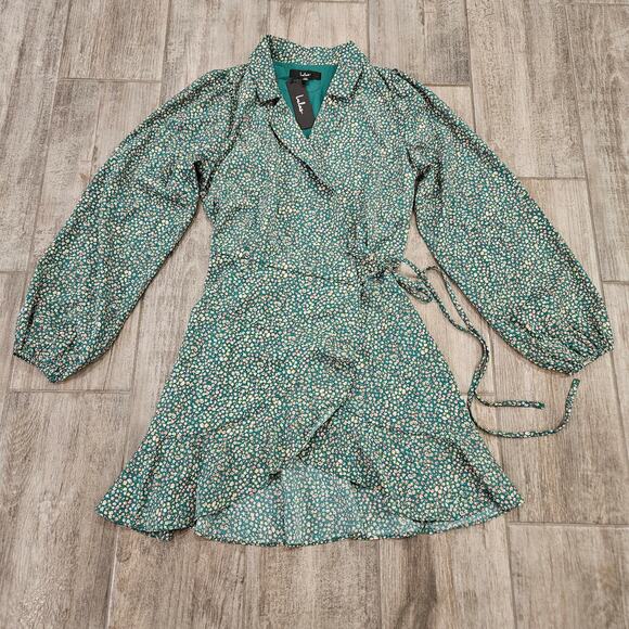 Lulus Dress Womens Size XS Totally Cute Time Green Floral Collared Wrap Mini NEW - Picture 3 of 15